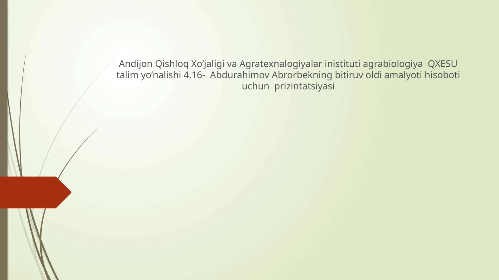 Abdurahimov Abrorbekning bitiruv oldi amalyoti hisoboti uchun prizintatsiyasi 1