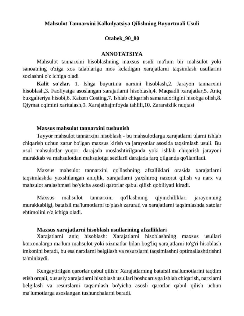 Mahsulot Tannarxini Kalkulyatsiya Qilishning Buyurtmali Usuli 1