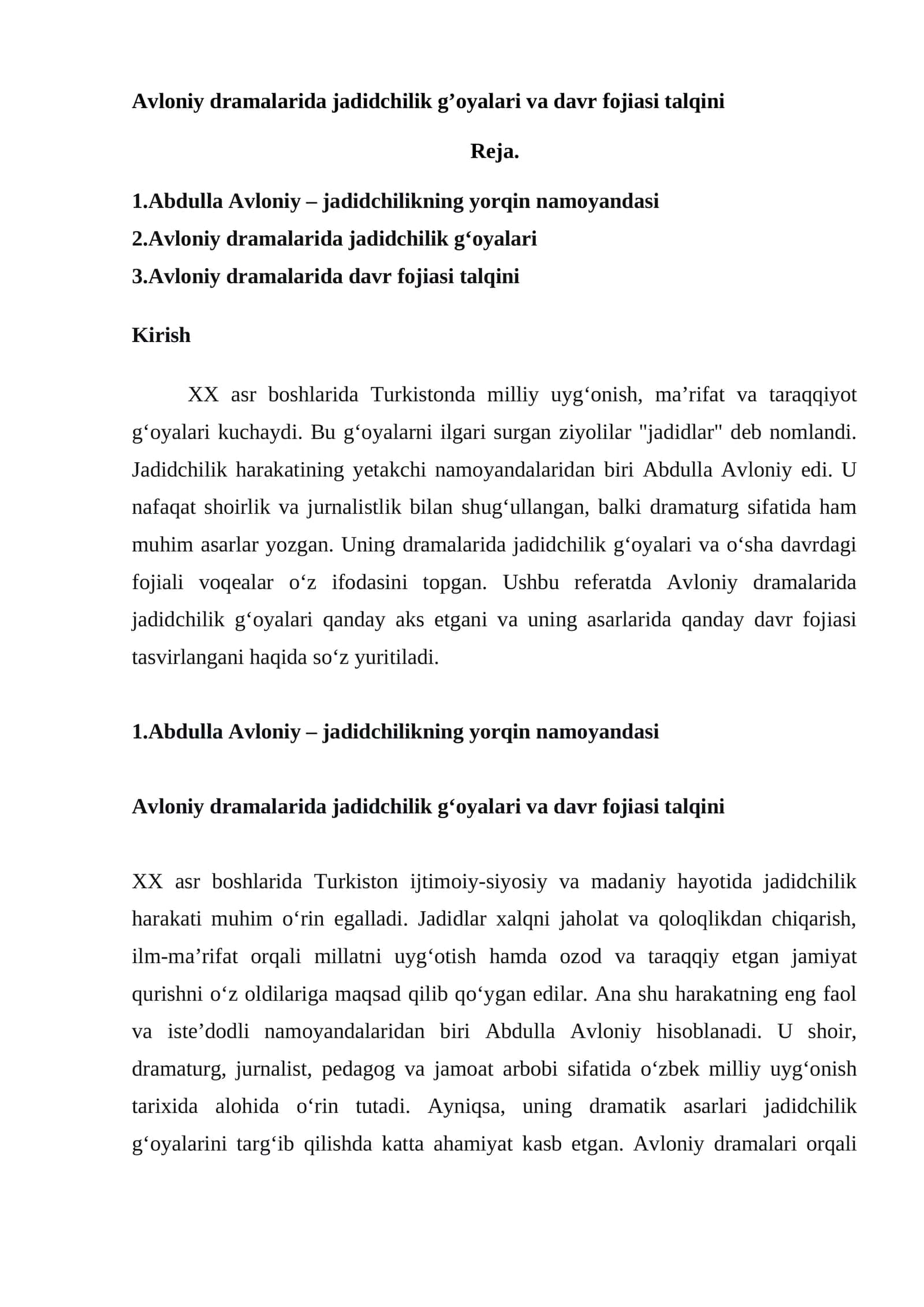 Avloniy dramalarida jadidchilik g’oyalari va davr fojiasi talqini 1