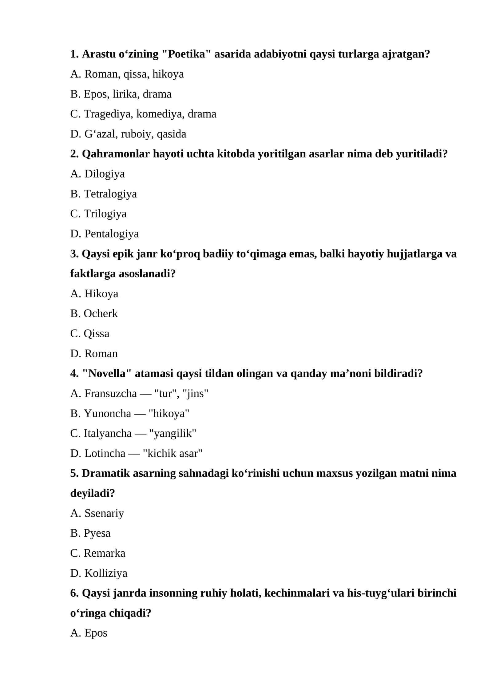 Adabiyotshunoslik fanidan test 1