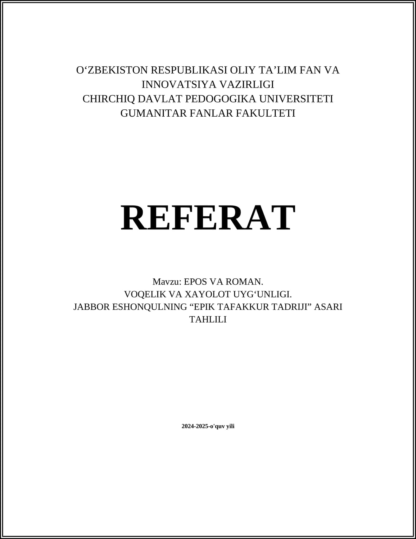 EPOS VA ROMAN: Janrlar Xususiyatlari 1