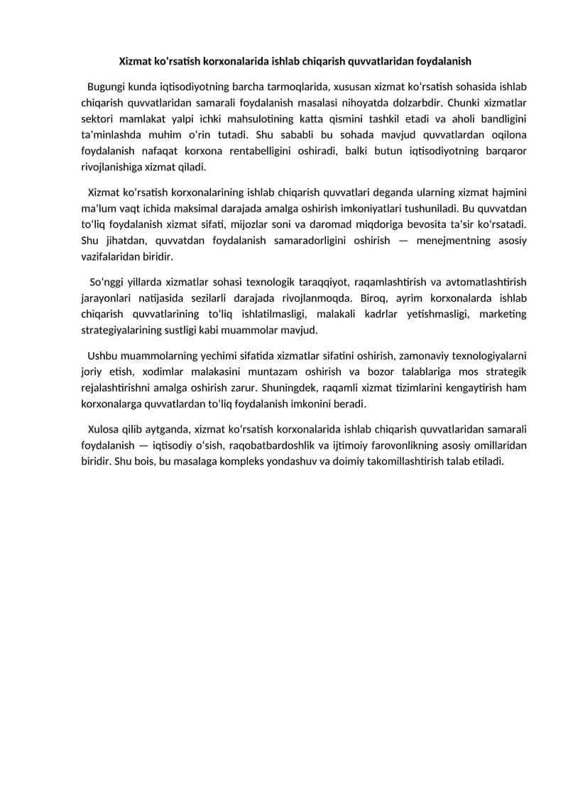 Xizmat ko‘rsatish korxonalarida ishlab chiqarish quvvatlaridan foydalanish 1