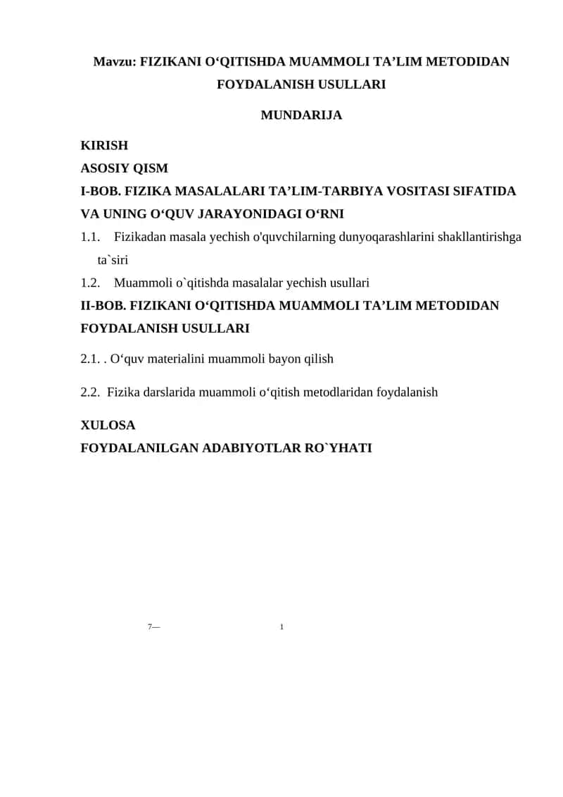 FIZIKANI O‘QITISHDA MUAMMOLI TA’LIM METODIDAN FOYDALANISH USULLARI 1