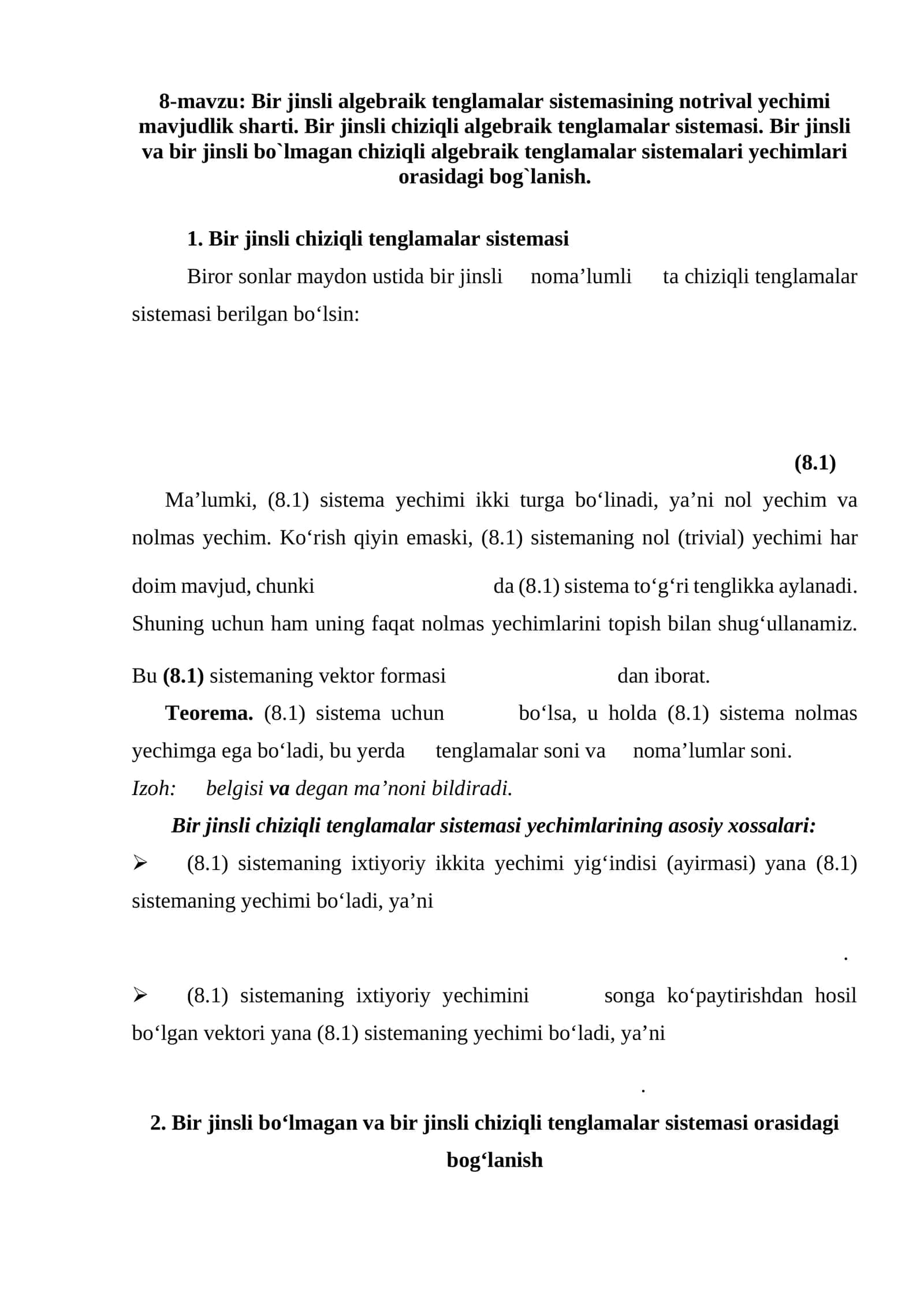 Bir jinsli algebraik tenglamalar sistemasining notrival yechimi mavjudlik sharti 1