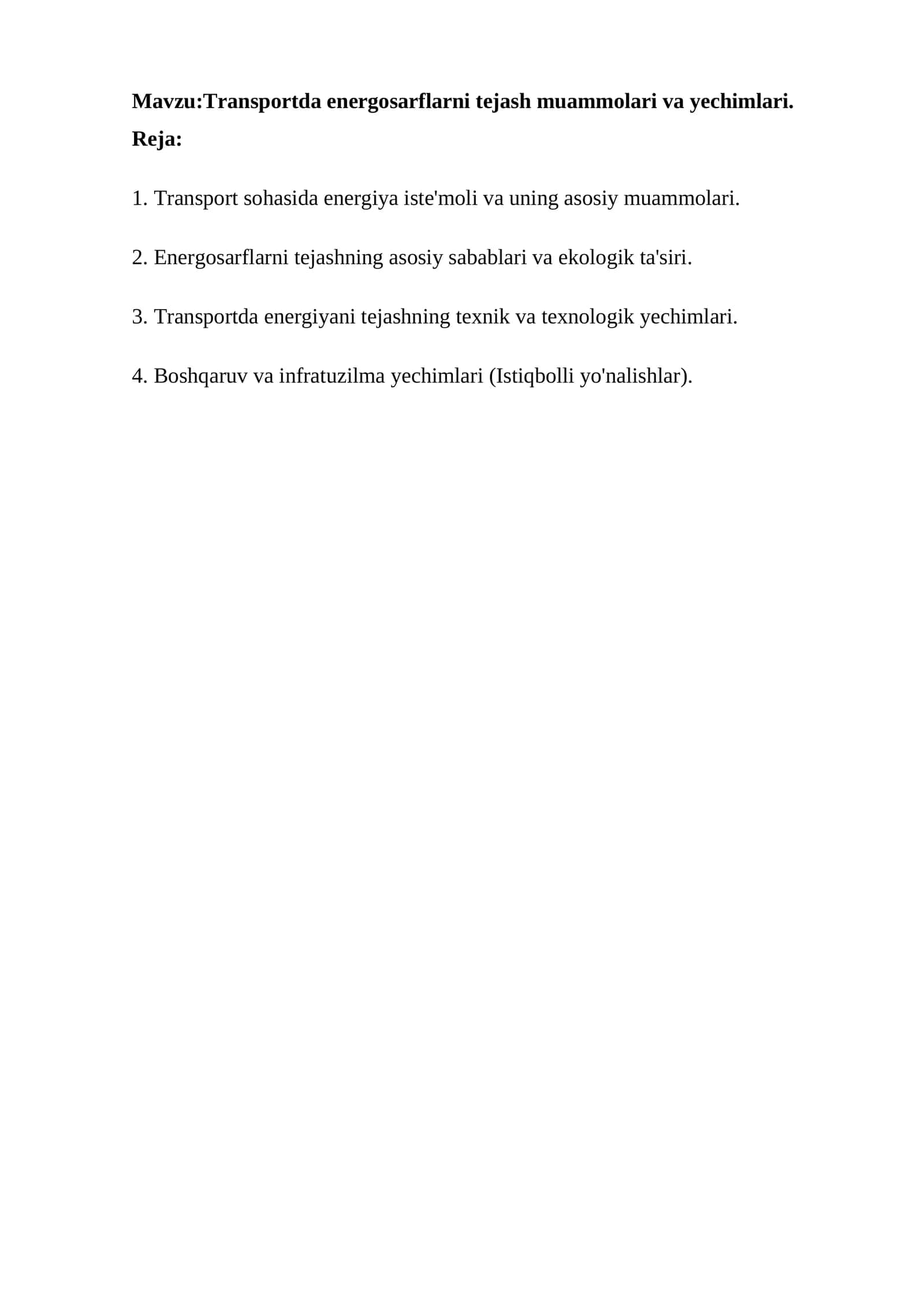 Transportda energosarflarni tejash muammolari va yechimlari 1