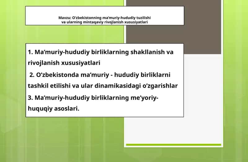 O’zbekistonning ma’muriy-hududiy tuzilishi va ularning mintaqaviy rivojlanish xususiyatlari 1