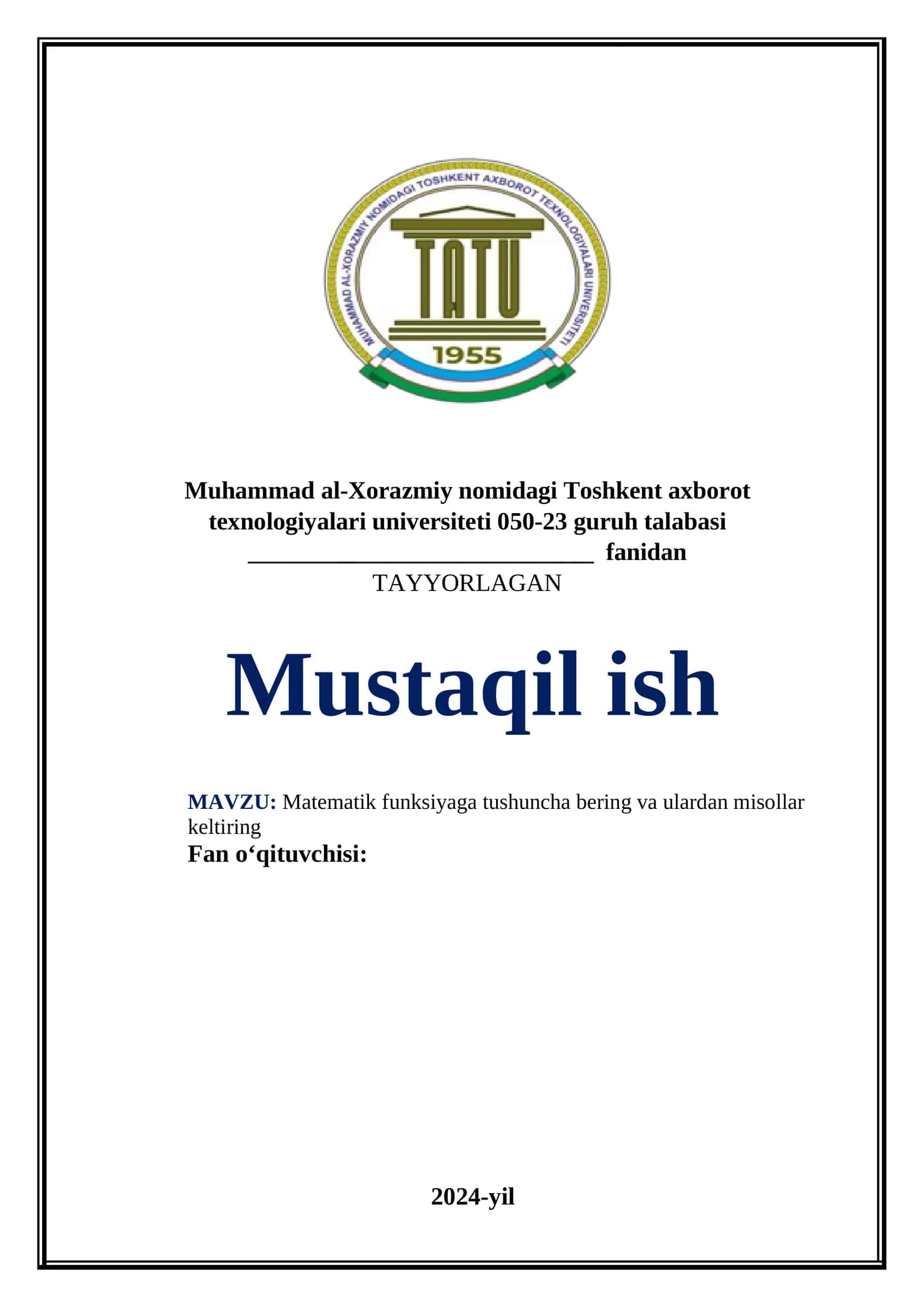 Matematik funksiyaga tushuncha bering va ulardan misollar keltiring 1