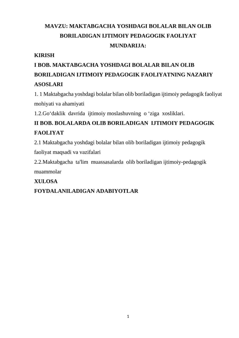MAKTABGACHA YOSHDAGI BOLALAR BILAN OLIB BORILADIGAN IJTIMOIY PEDAGOGIK FAOLIYAT 1