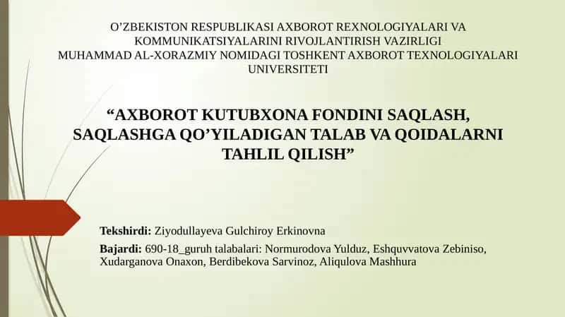 Axborot kutubxona fondini saqlash, saqlashga qo’yiladigan talab va qoidalarni tahlil qilish 1