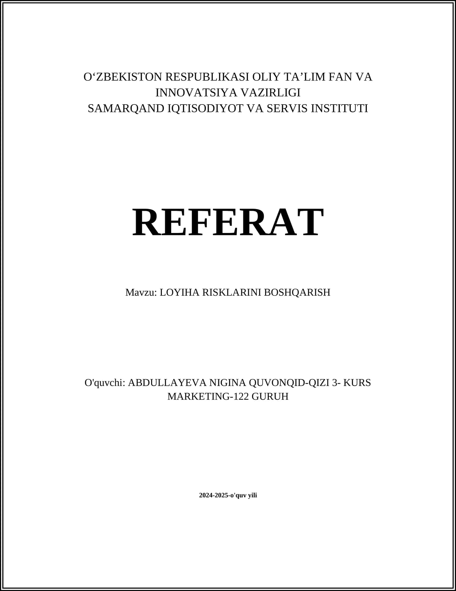 LOYIHA RISKLARINI BOSHQARISH 1