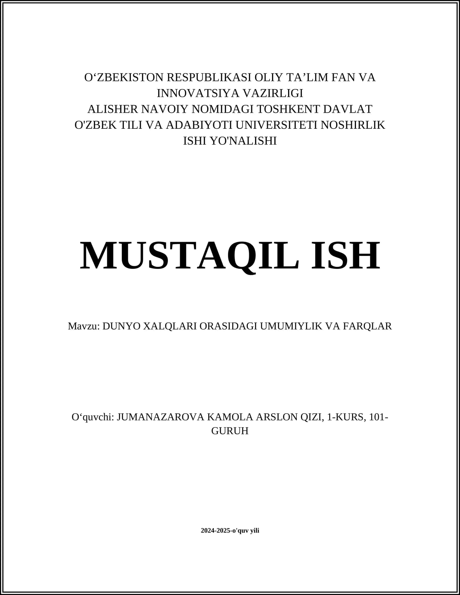 DUNYO XALQLARI ORASIDAGI UMUMIYLIK VA FARQLAR 1