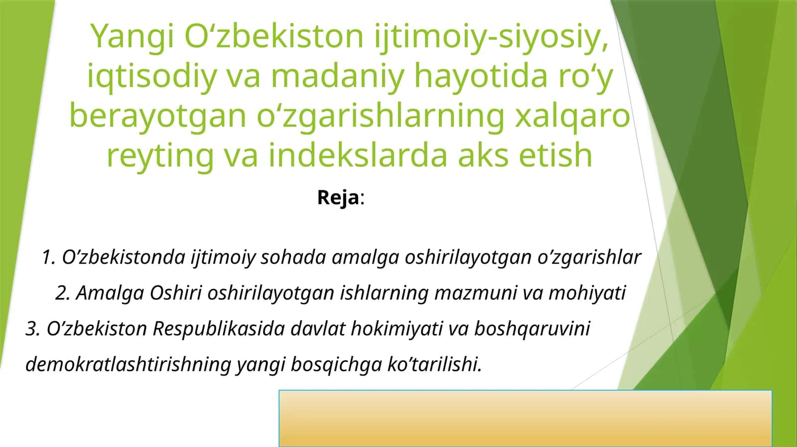 O`zbekistonda ijtimoiy sohada amalga oshirilayotgan o`zgarishlar 1