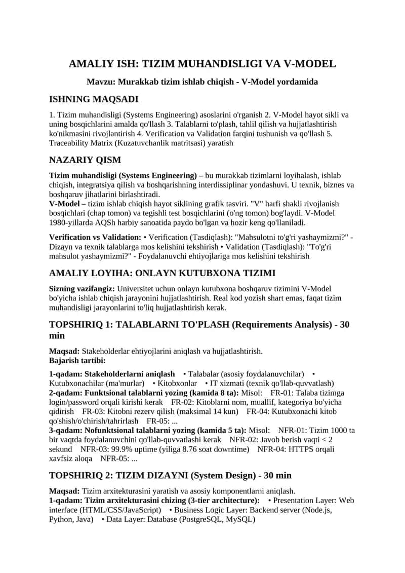 AMALIY ISH: TIZIM MUHANDISLIGI VA V-MODEL 1