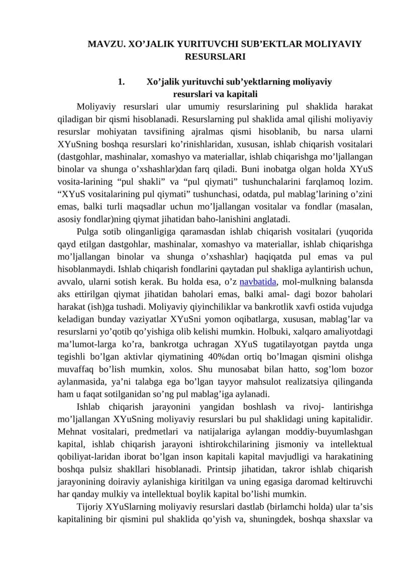 XO’JALIK YURITUVCHI SUB’EKTLAR MOLIYAVIY RESURSLARI 1