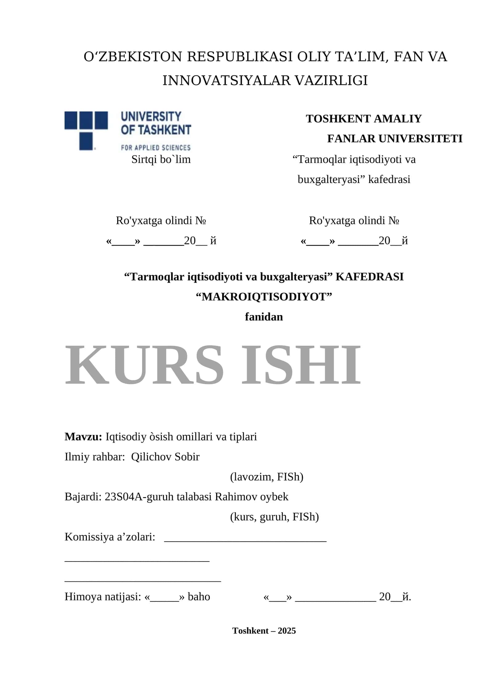 MAKROIQTISODIYOT fanidan KURS ISHI 1