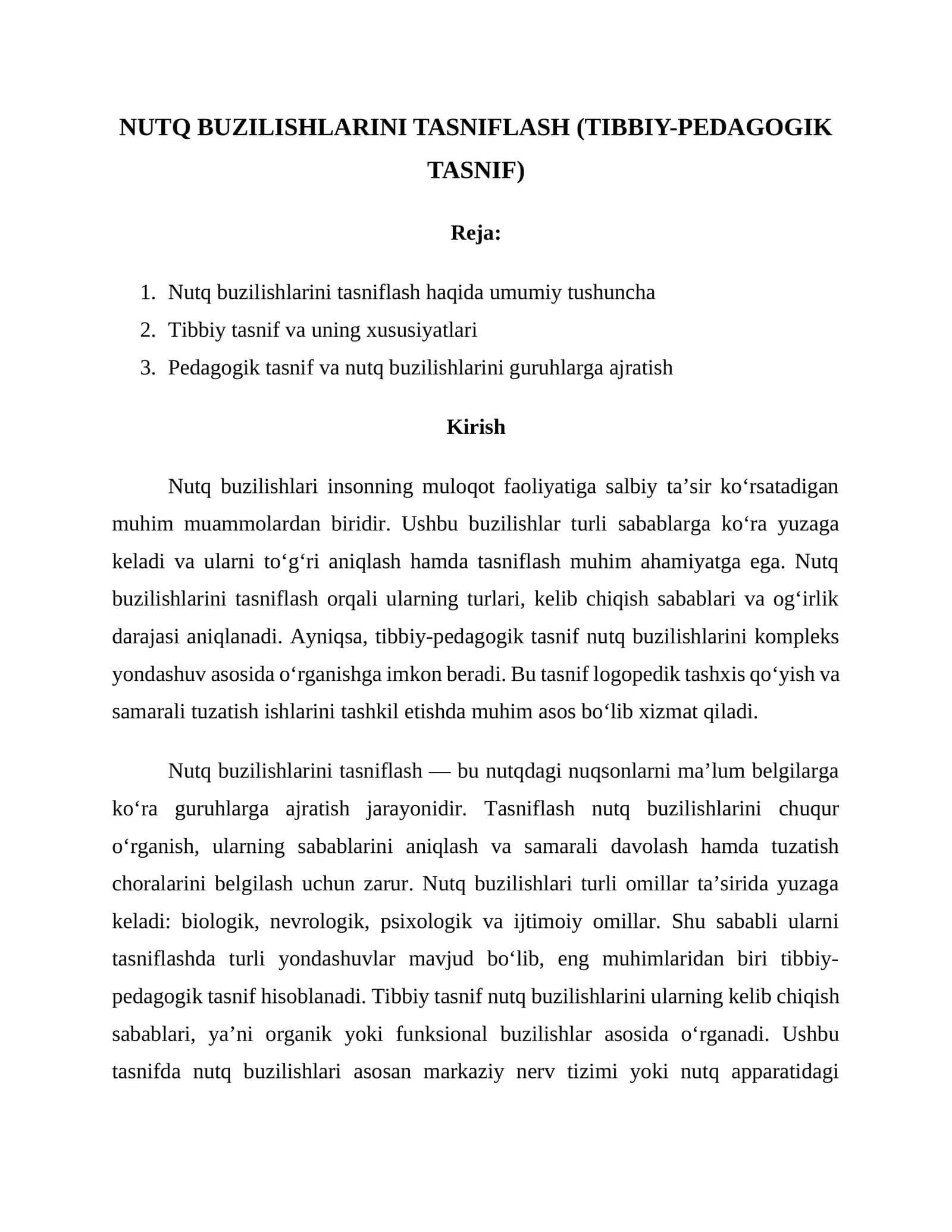 NUTQ BUZILISHLARINI TASNIFLASH (TIBBIY-PEDAGOGIK TASNIF) 1