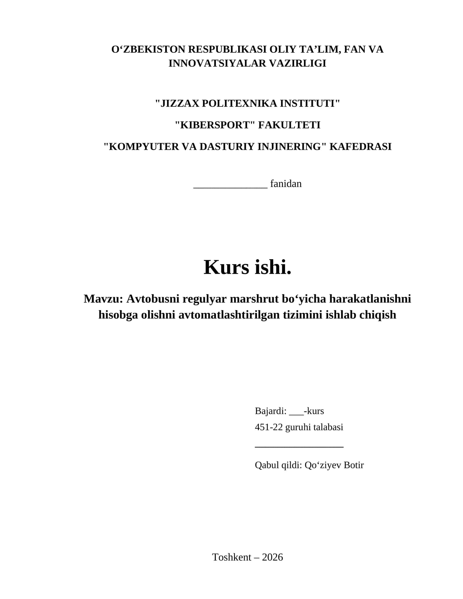 Avtobusni regulyar marshrut boʻyicha harakatlanishni hisobga olishni avtomatlashtirilgan tizimini ishlab chiqish 1