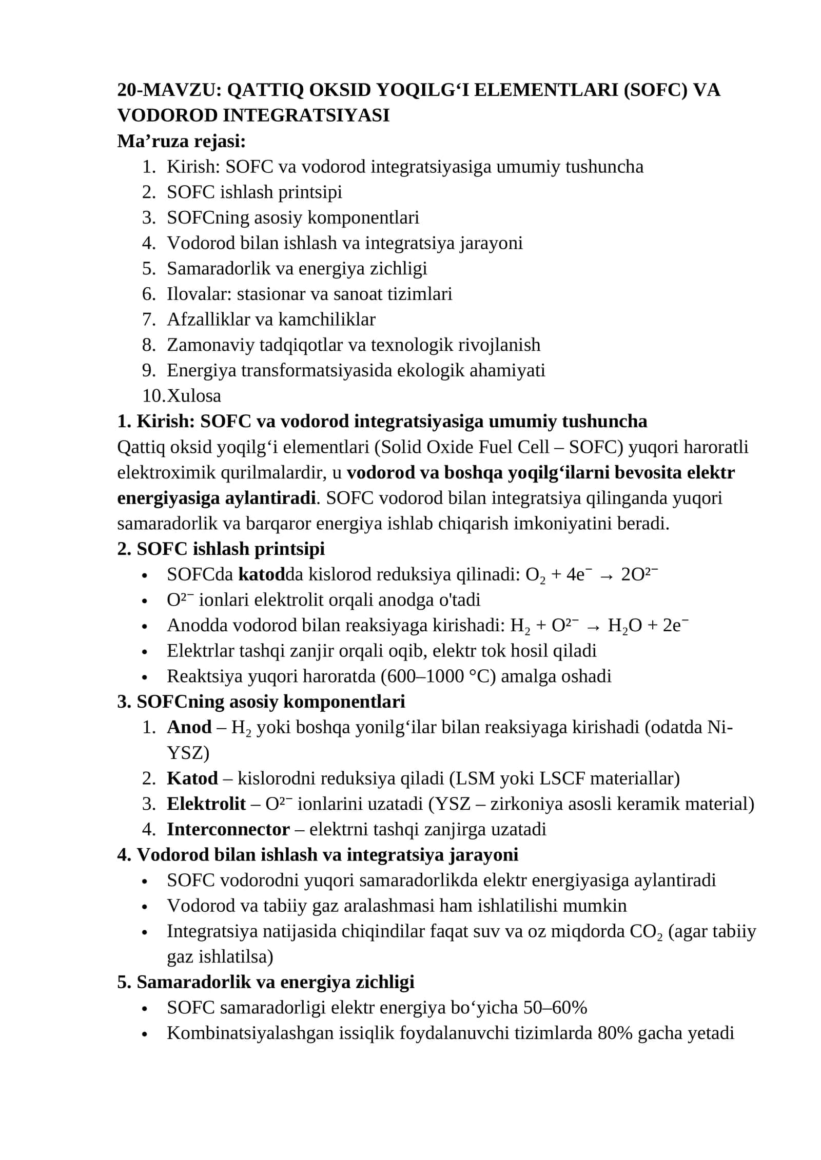 QATTIQ OKSID YOQILG‘I ELEMENTLARI (SOFC) VA VODOROD INTEGRATSIYASI 1
