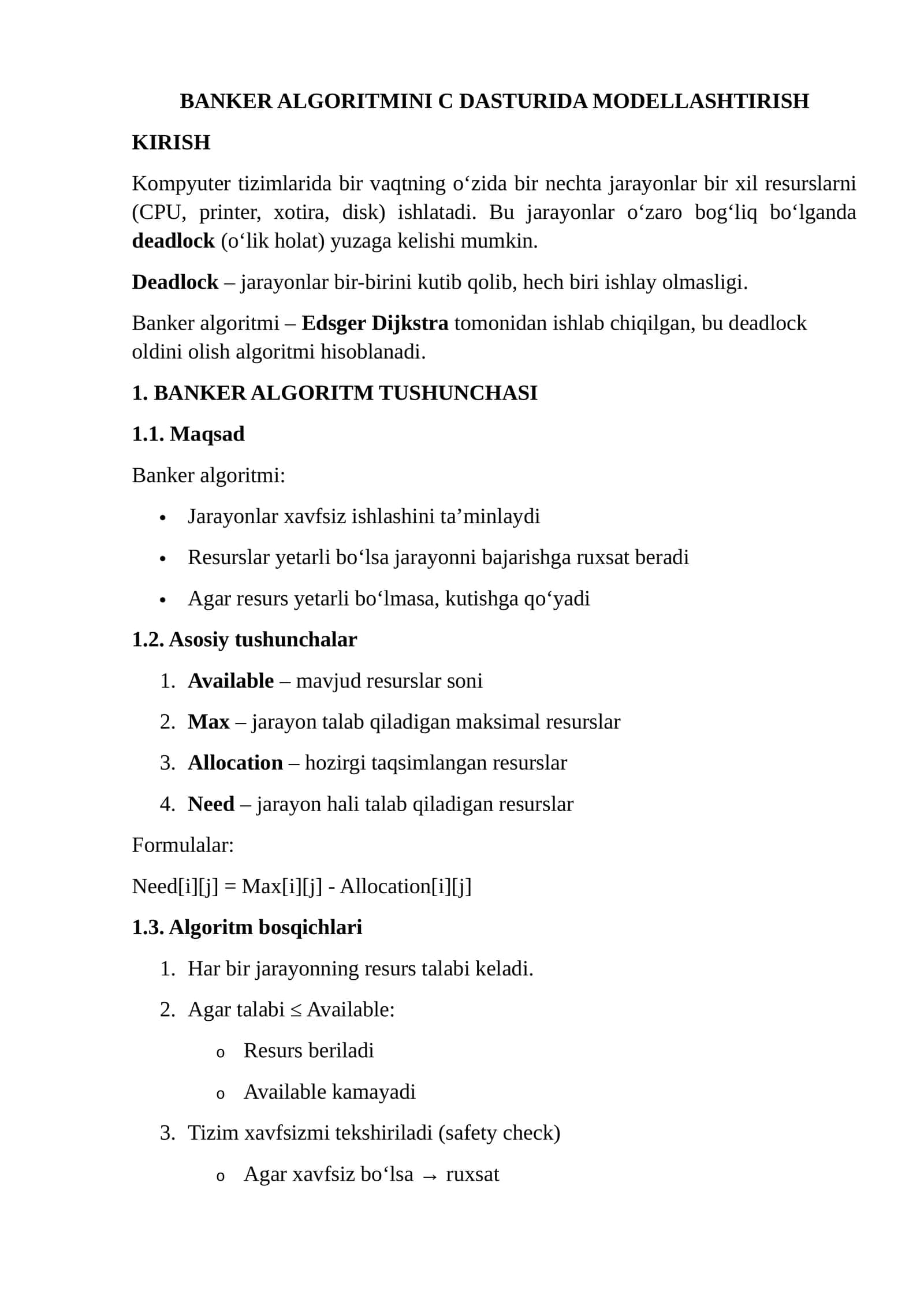 BANKER ALGORITMINI C DASTURIDA MODELLASHTIRISH 1