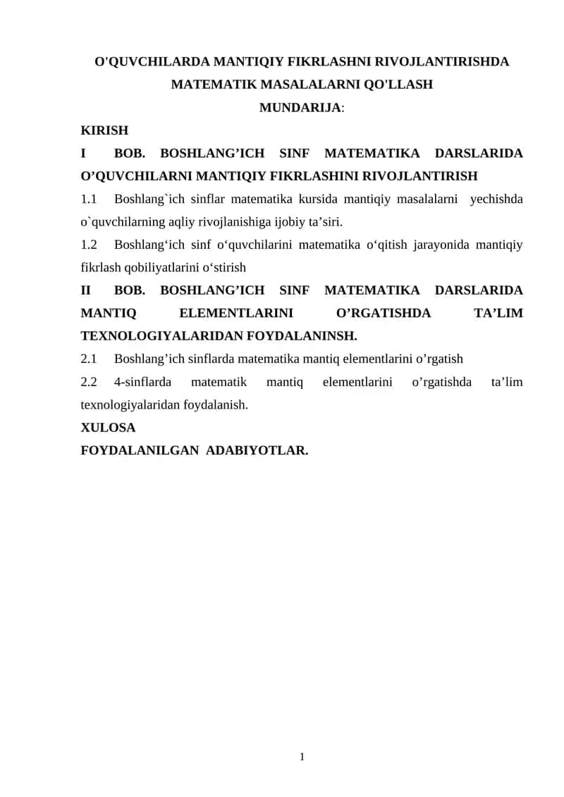 Boshlang'ich sinflar uchun matematika masalalarni o'rgatish 1