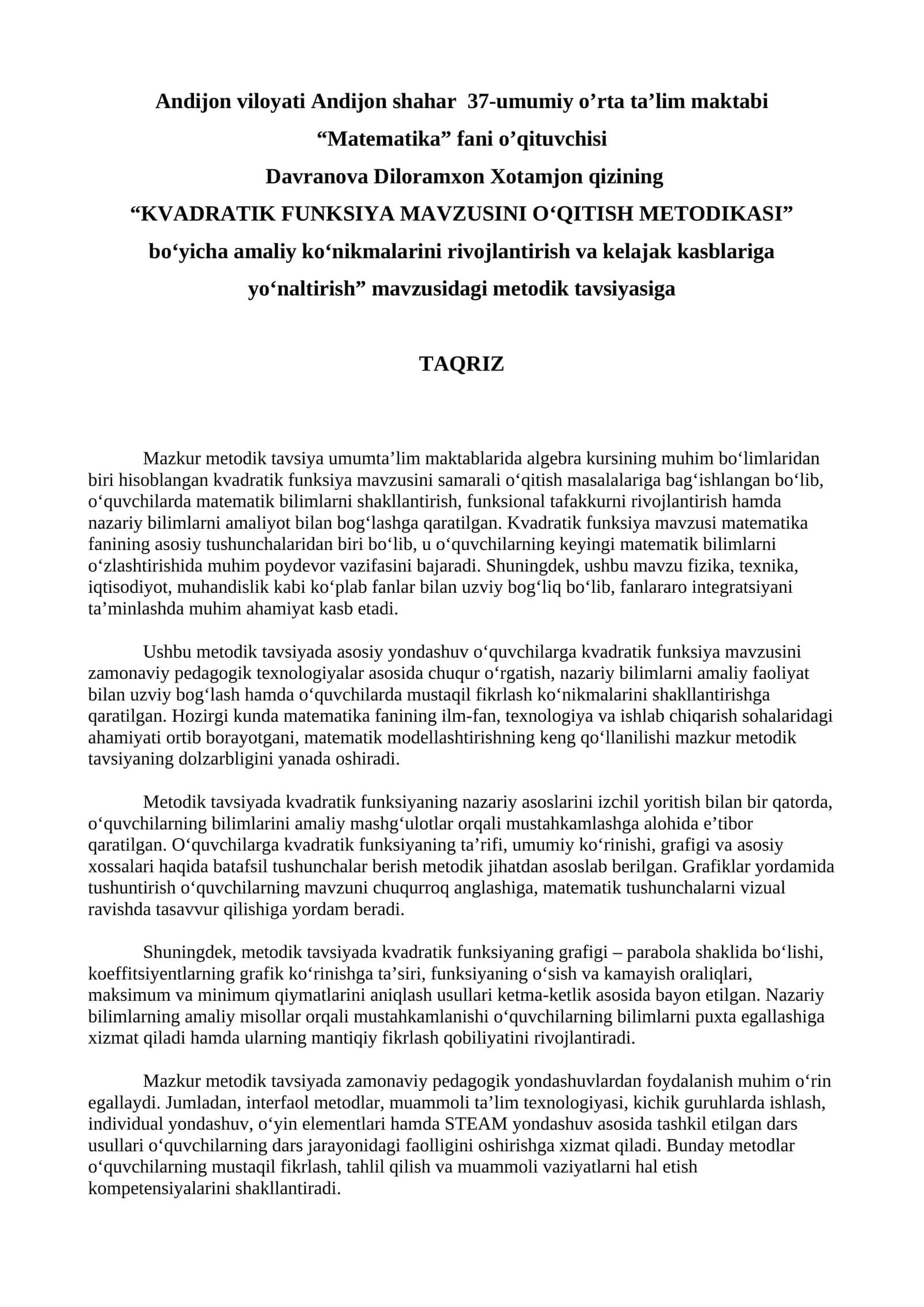 KVADRATIK FUNKSIYA MAVZUSINI O‘QITISH METODIKASI 1