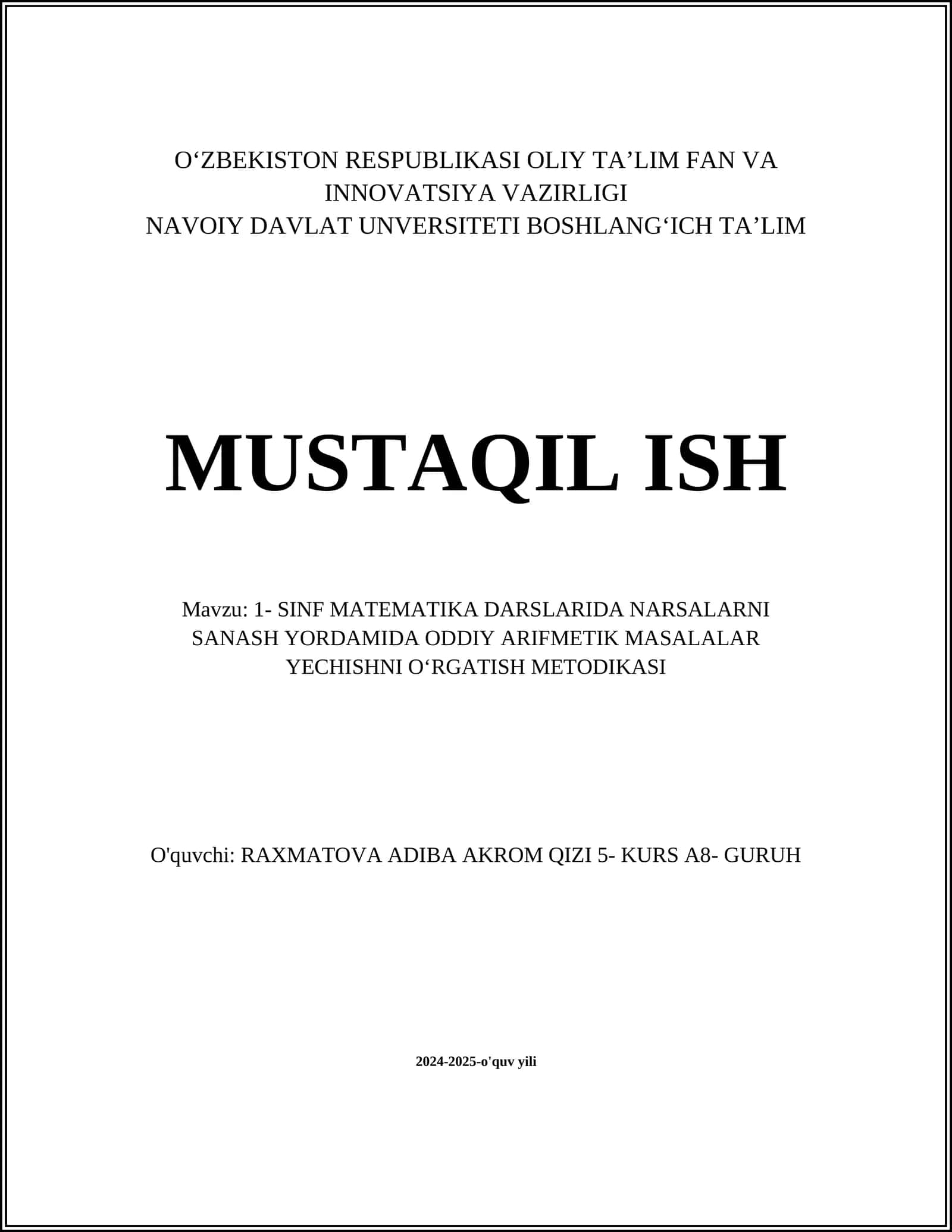 SINF MATEMATIKA DARSLARIDA NARSALARNI SANASH YORDAMIDA ODDIY ARIFMETIK MASALALAR YECHISHNI OʻRGATISH METODIKASI 1
