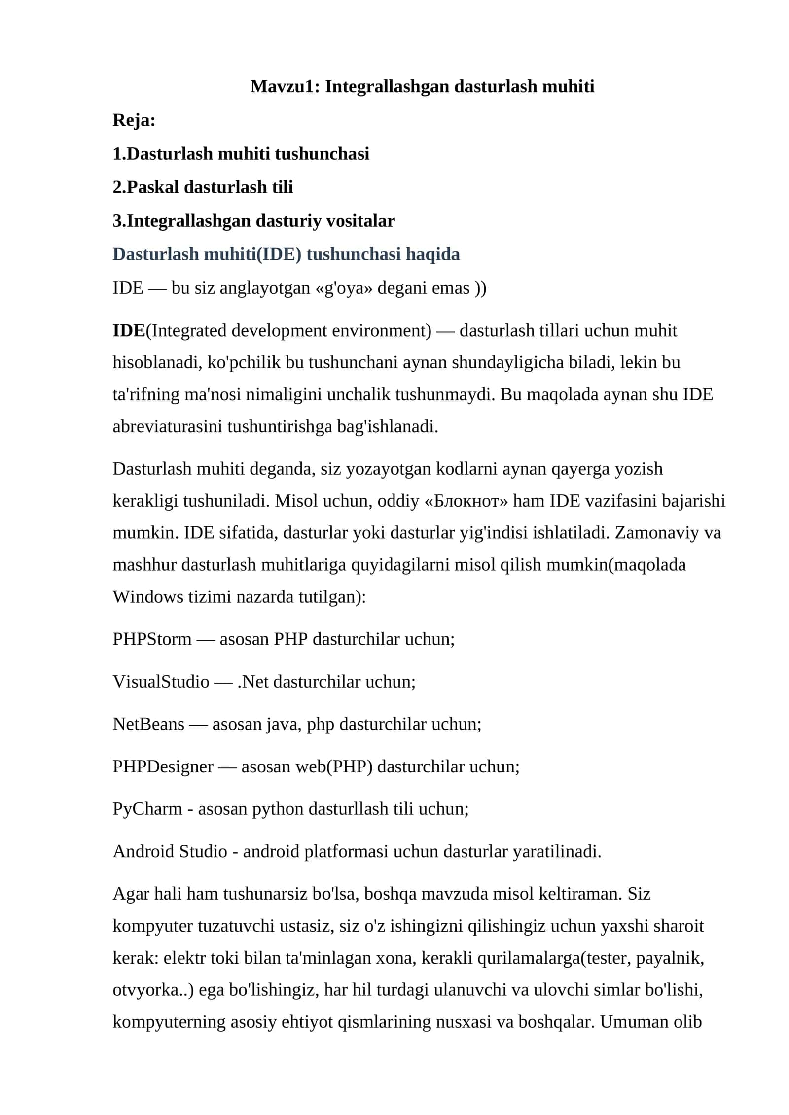 Integrallashgan dasturlash muhiti 1