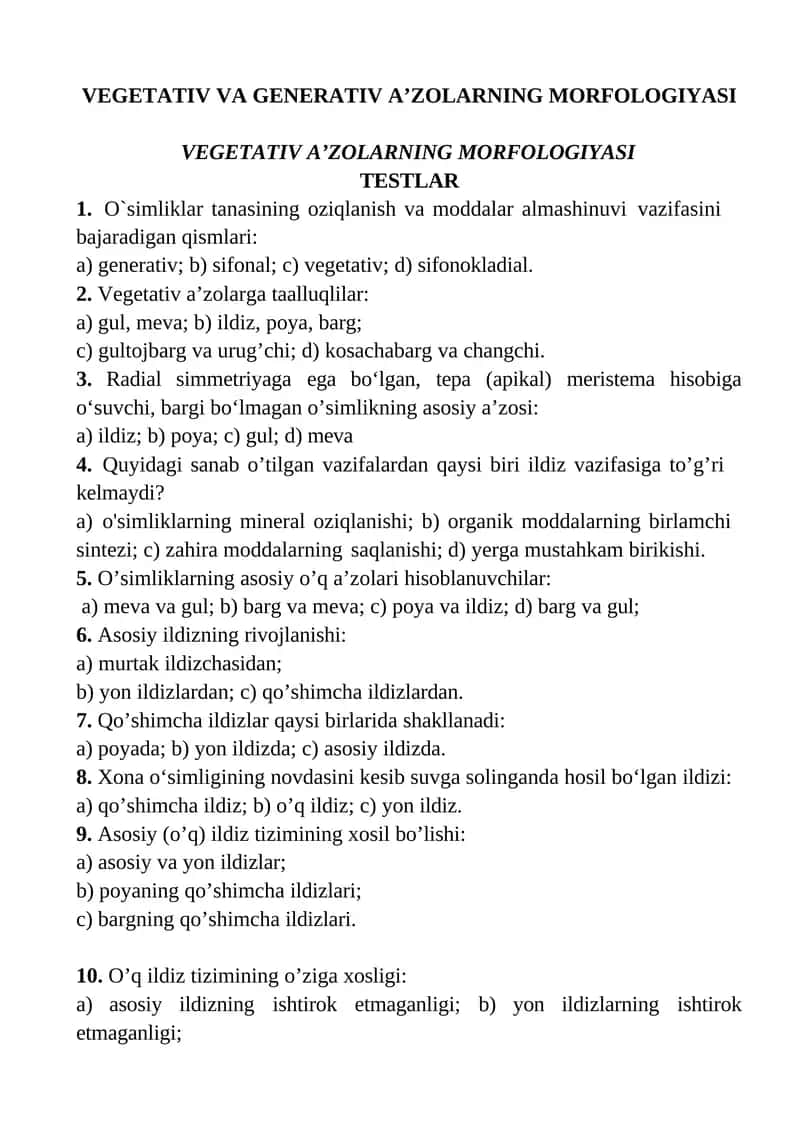 VEGETATIV VA GENERATIV A’ZOLARNING MORFOLOGIYASI 1