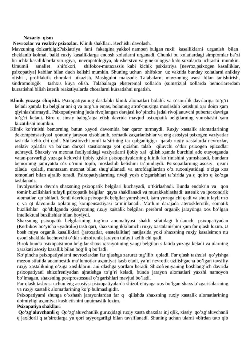 Nevrozlar va reaktiv psixozlar. Klinik shakllari. Kechishi davolash 1