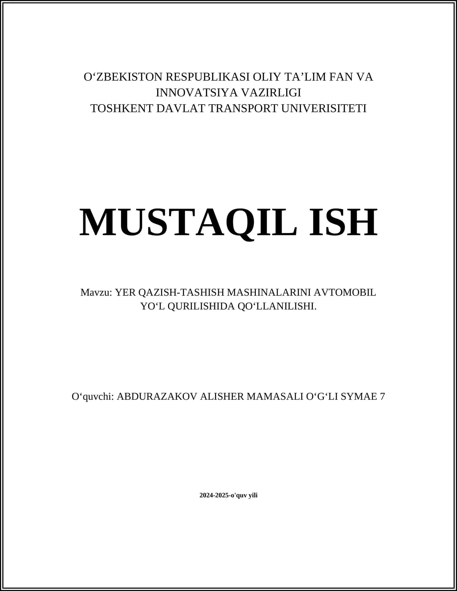 YER QAZISH-TASHISH MASHINALARINI AVTOMOBIL YOʻL QURILISHIDA QOʻLLANILISHI 1