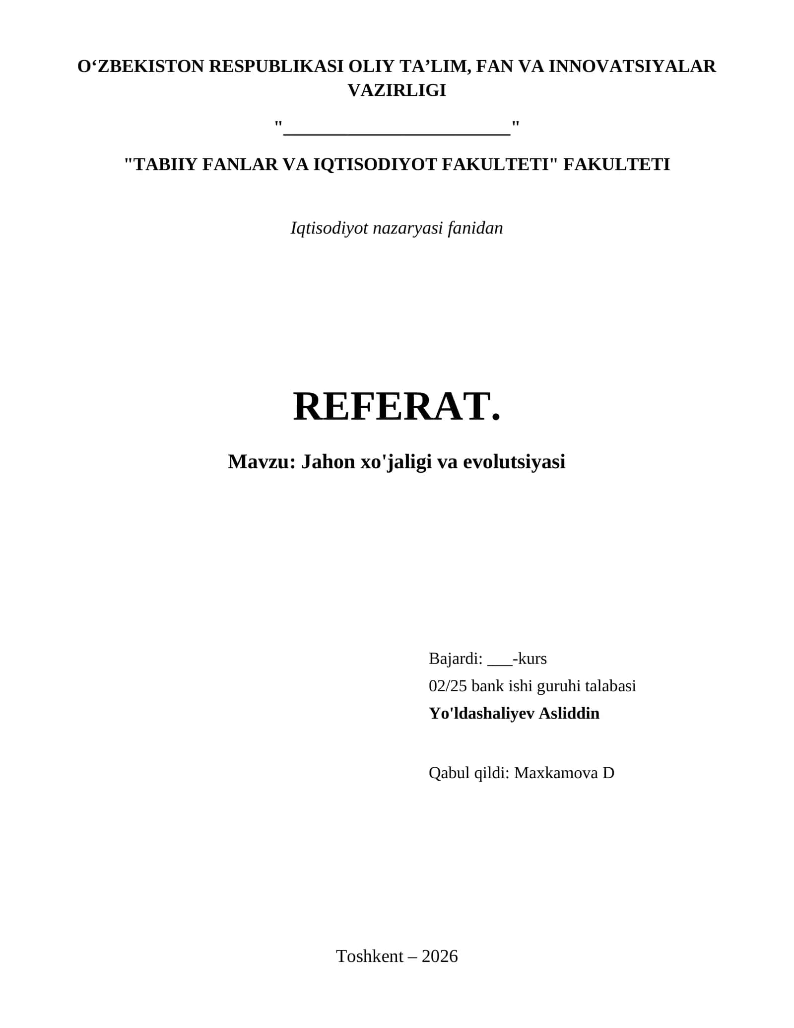 Jahon xo'jaligi va evolutsiyasi 1