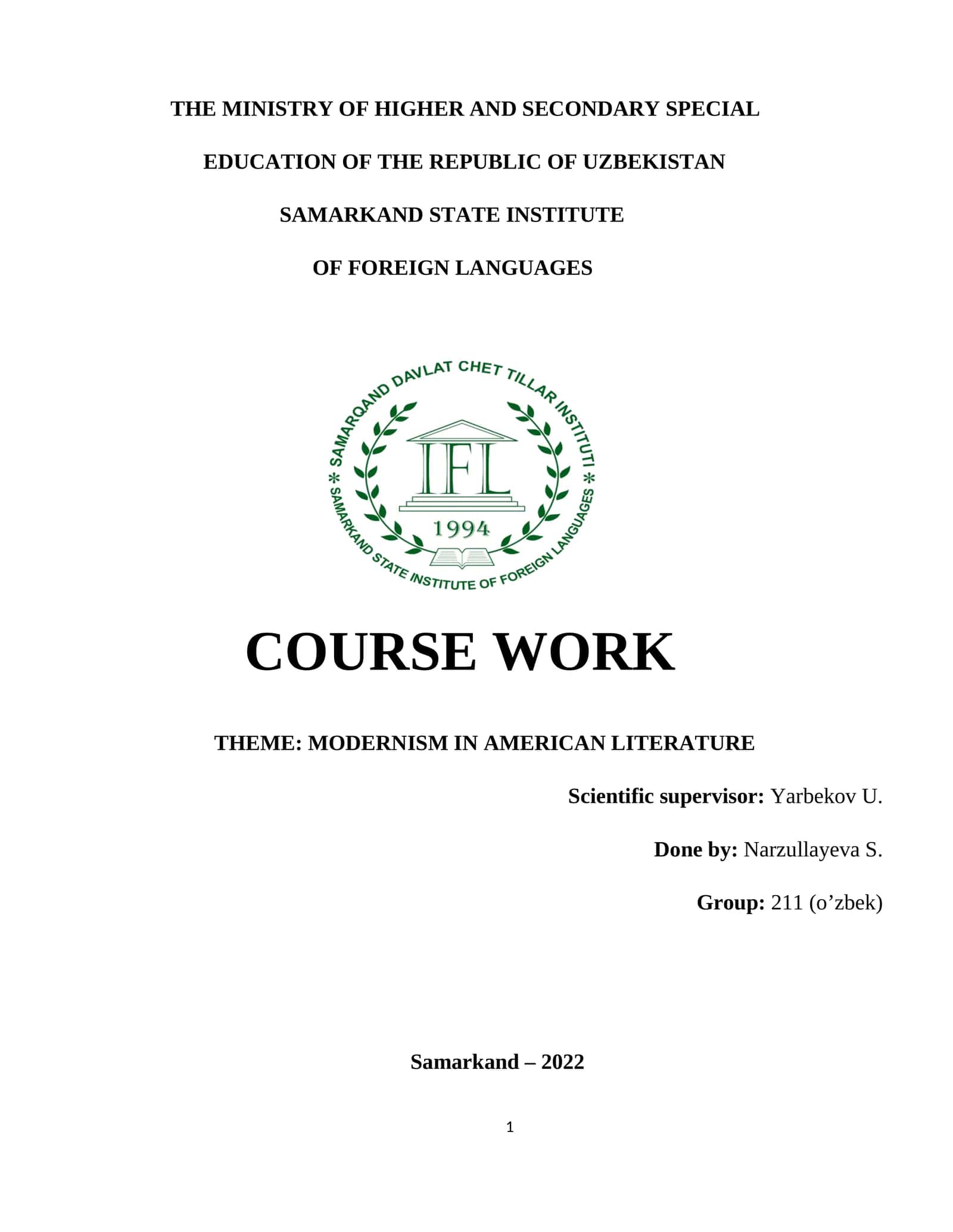 MODERNISM IN AMERICAN LITERATURE 1