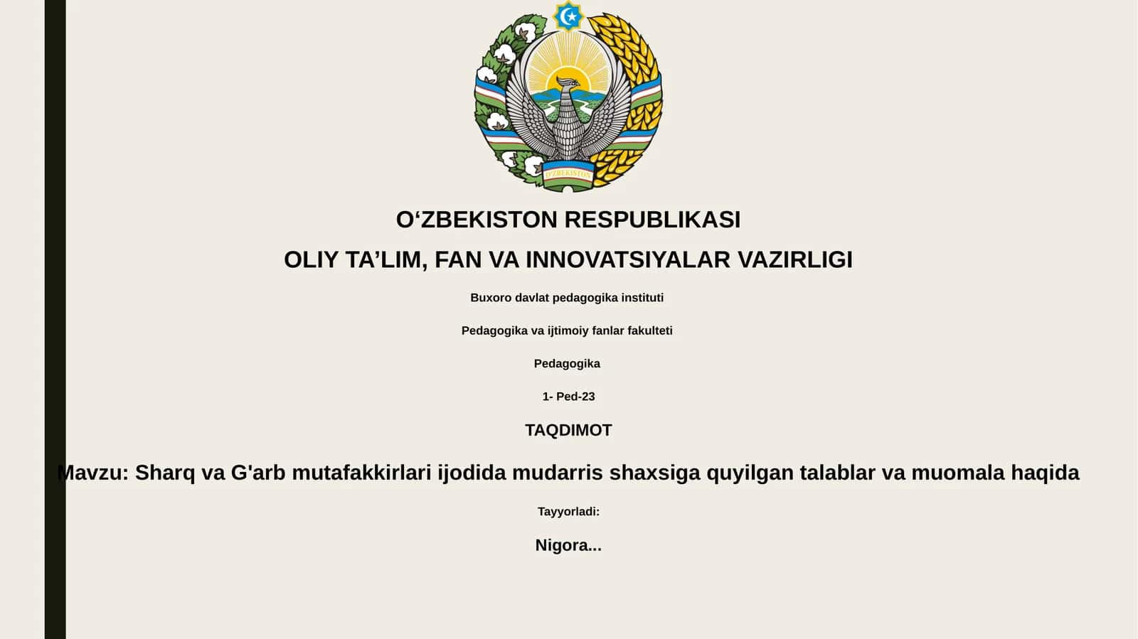 Sharq va G'arb mutafakkirlari ijodida mudarris shaxsiga quyilgan talablar va muomala haqida 1