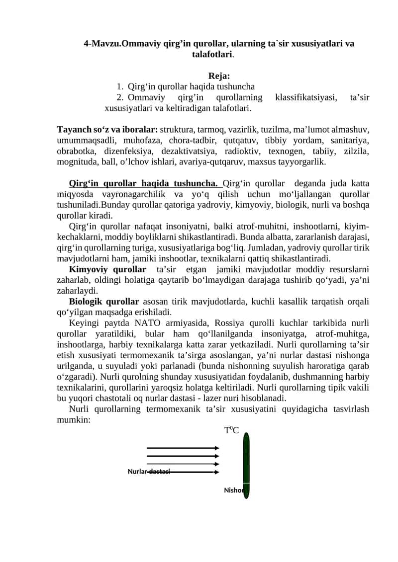 Ommaviy qirg’in qurollar, ularning ta`sir xususiyatlari va talafotlari 1