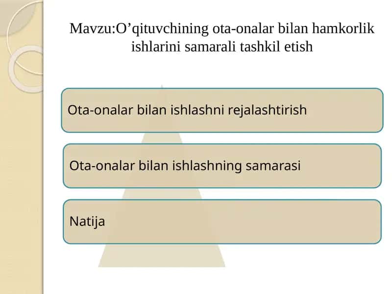 O’qituvchining ota-onalar bilan hamkorlik ishlarini samarali tashkilotish 1