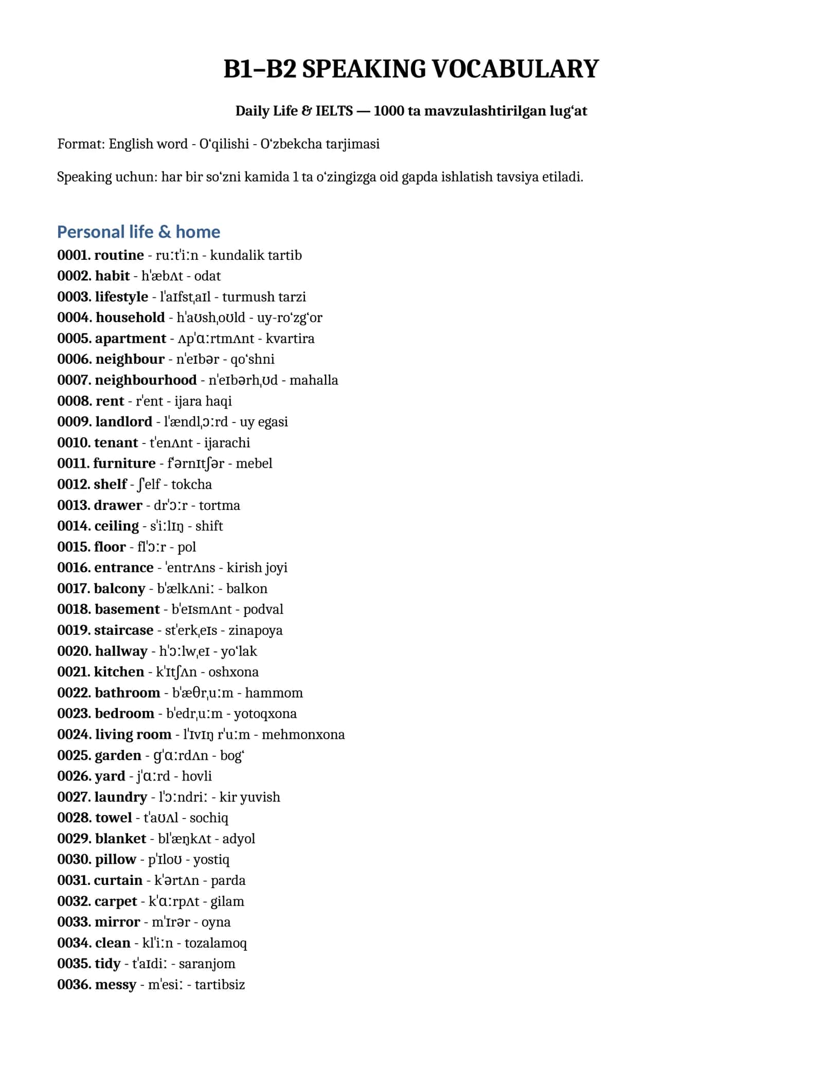 Speaking uchun 1000ta lugat daraja b1-b2 1