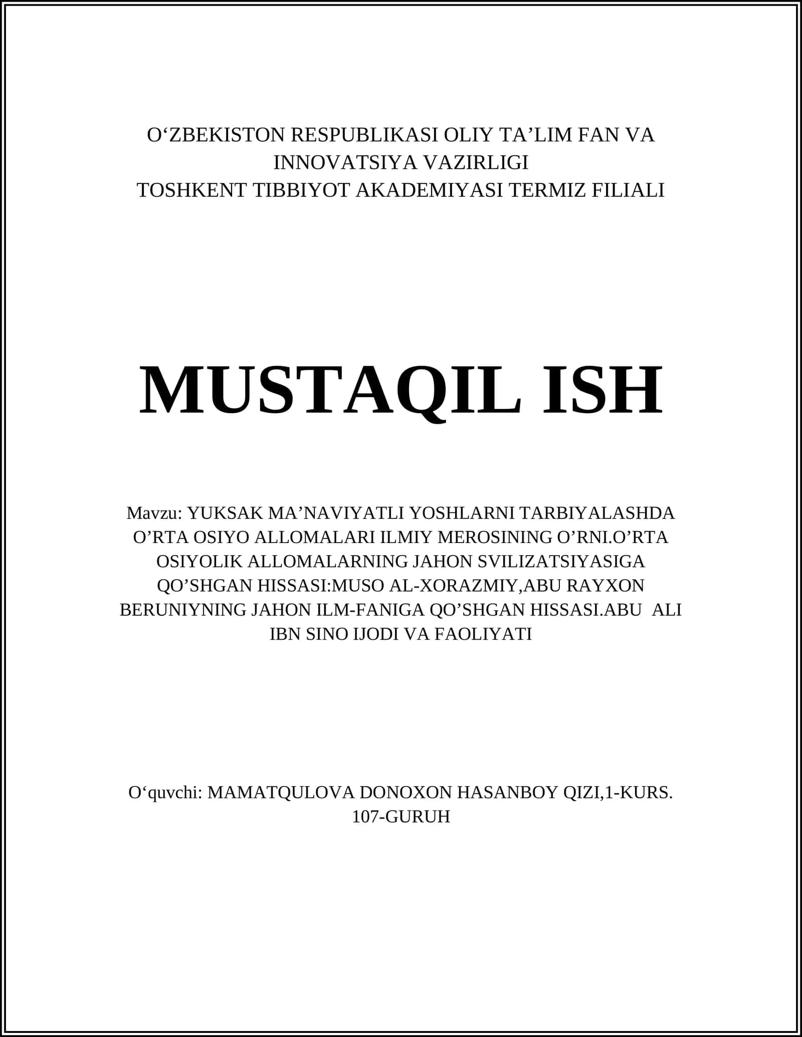 YUKSAK MA’NAVIYATLI YOSHLARNI TARBIYALASHDA O’RTA OSIYO ALLOMALARI ILMIY MEROSINING O’RNI 1