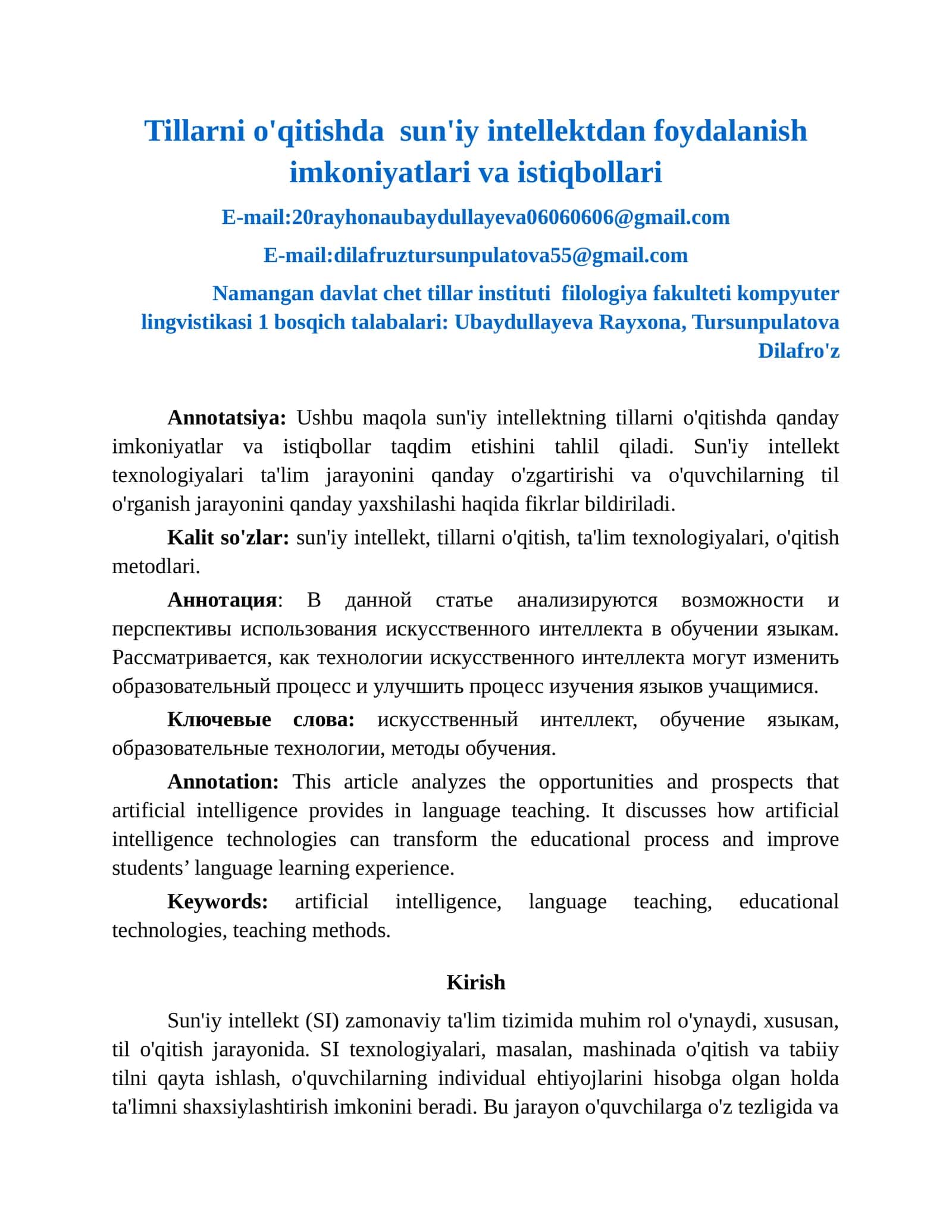 Tillarni o'qitishda sun'iy intellektdan foydalanish imkoniyatlari va istiqbollari 1