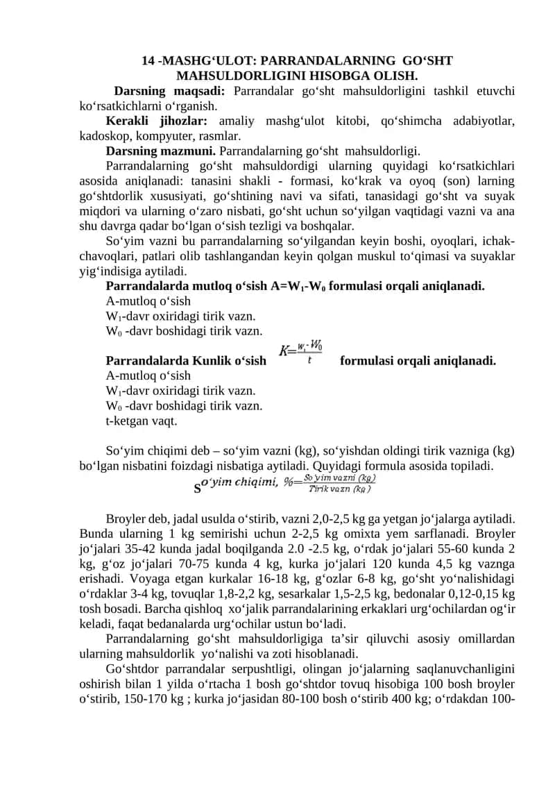 14 -MASHG‘ULOT: PARRANDALARNING GO‘SHT MAHSULDORLIGINI HISOBGA OLISH 1