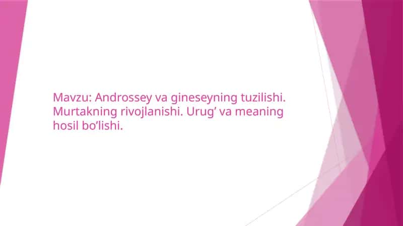 Androssey va gineseyning tuzilishi. Murtakning rivojlanishi. Urug’ va meaning hosil bo’lishi. 1