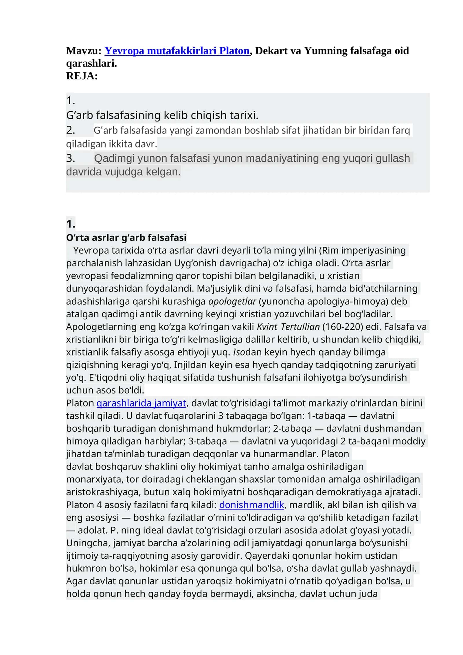 Yevropa Mutafakkirlari Platon, Dekart va Yumning Falsafag'a oid qarashlari 1