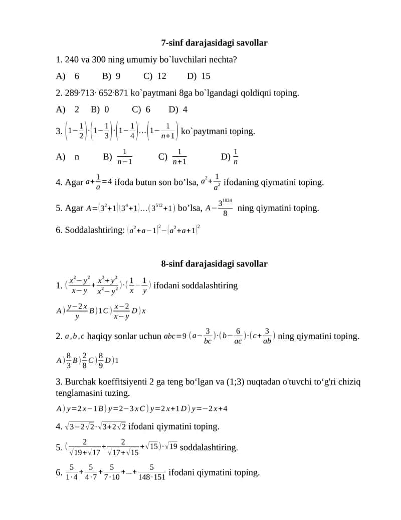 7-sinf darajasidagi savollar matematika 1