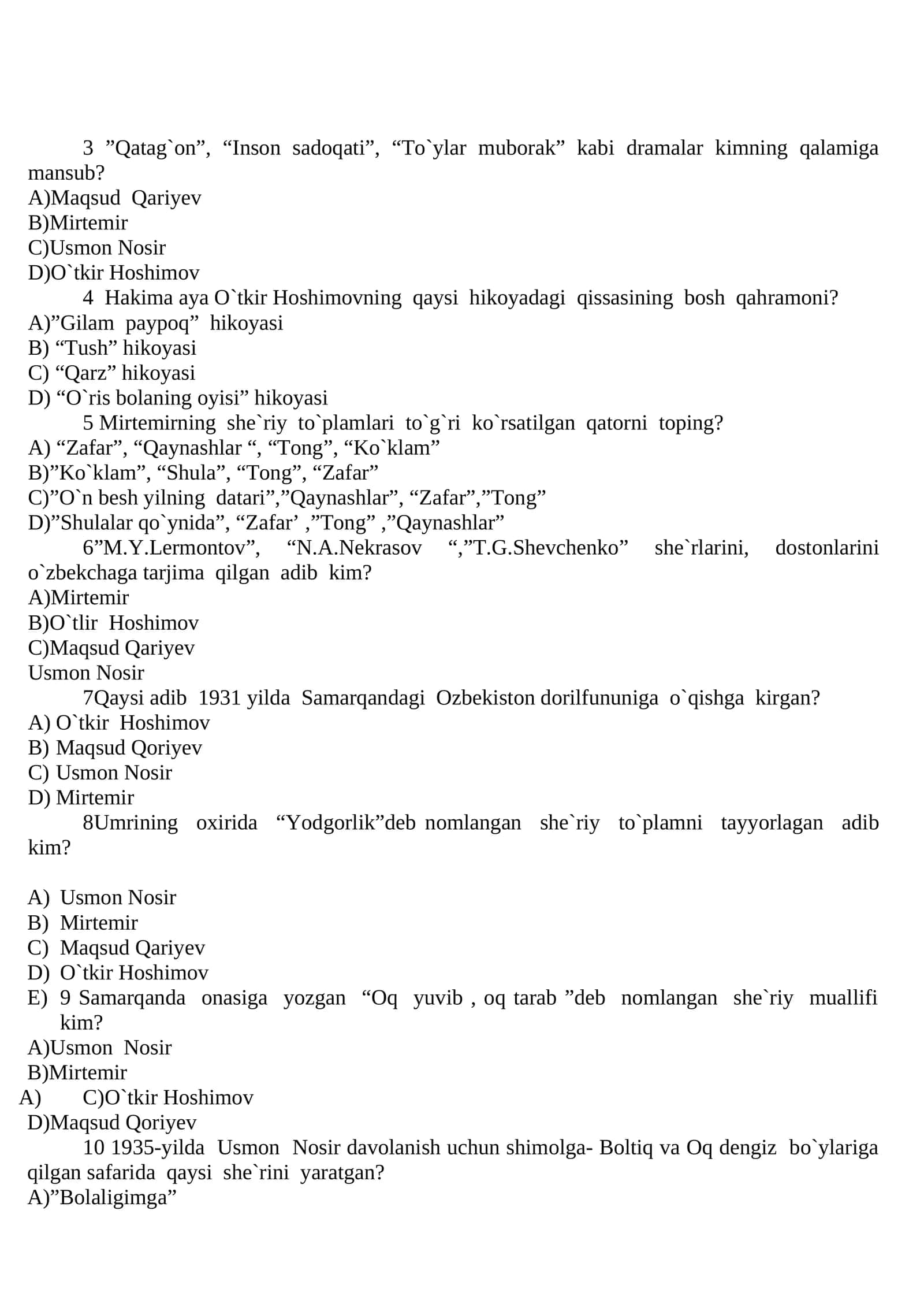 Adabiyot fanidan testlar 1