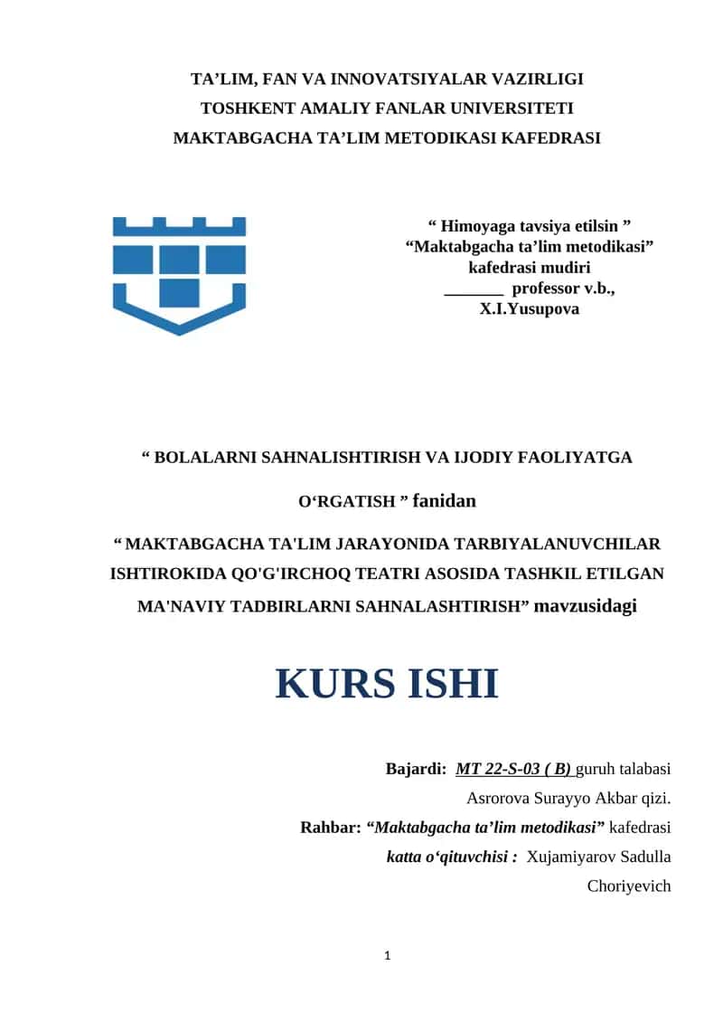 MAKTABGACHA TA'LIM JARAYONIDA TARBIYALANUVCHILAR ISHTIROKIDA QO'G'IRCHOQ TEATRI ASOSIDA TASHKIL ETILGAN MA'NAVIY TADBIRLARNI SAHNALASHTIRISH.docx 1