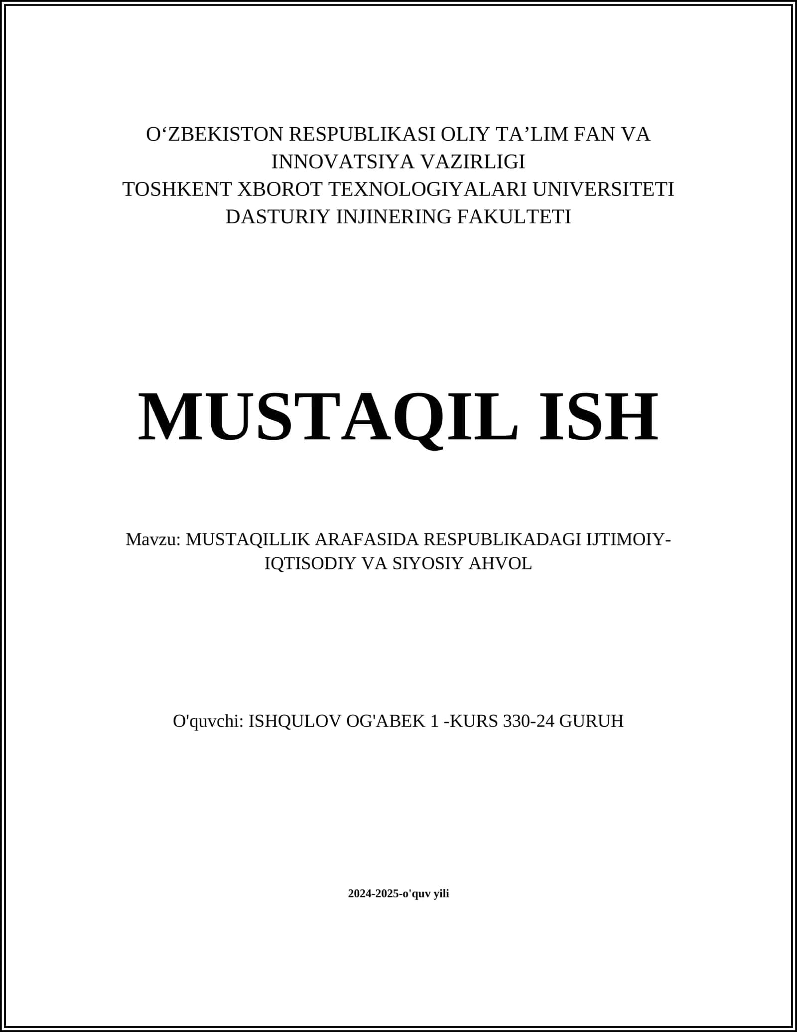 MUSTAQILLIK ARAFASIDA RESPUBLIKADAGI IJTIMOIY-IQTISODIY VA SIYOSIY AHVOL 1