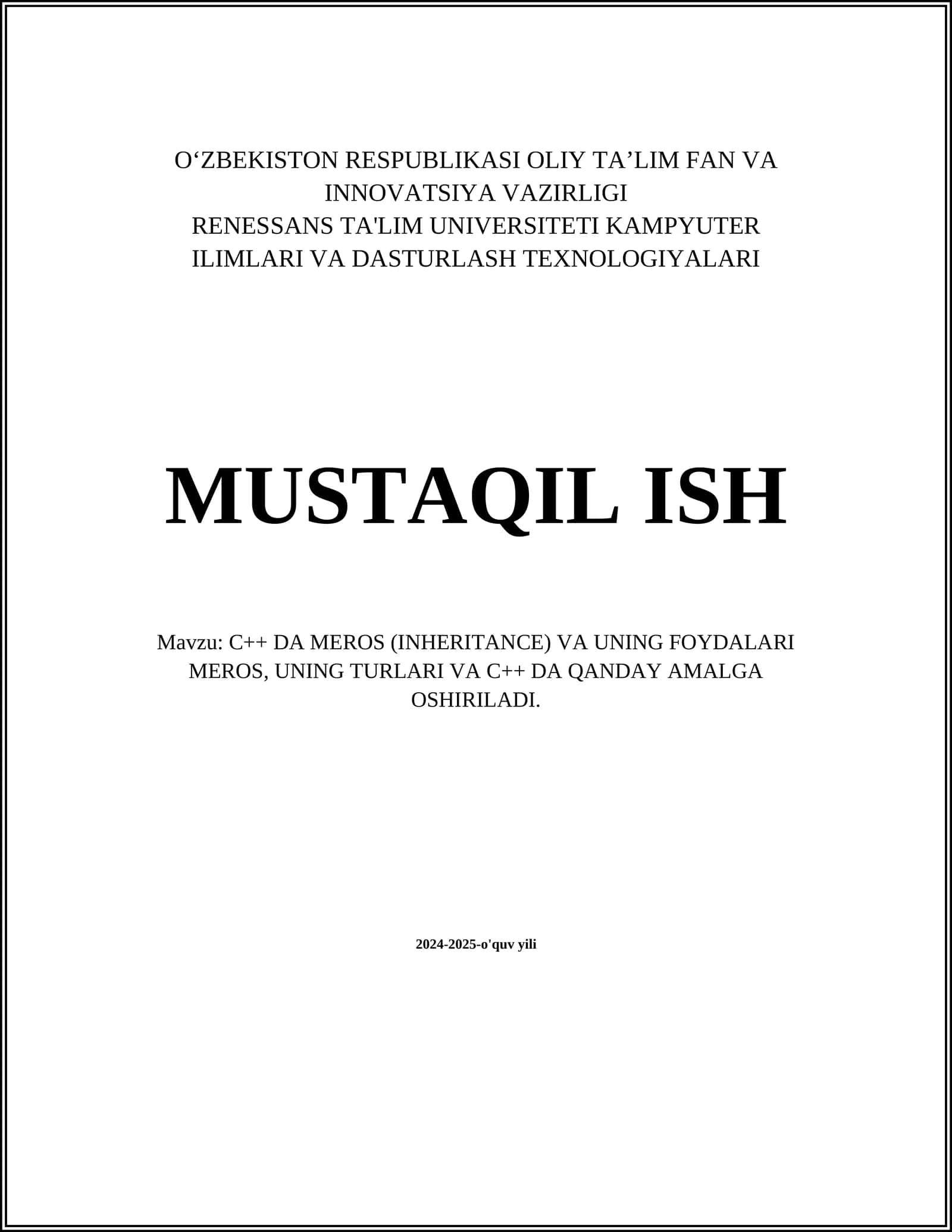 C++ DA MEROS (INHERITANCE) VA UNING FOYDALARI 1