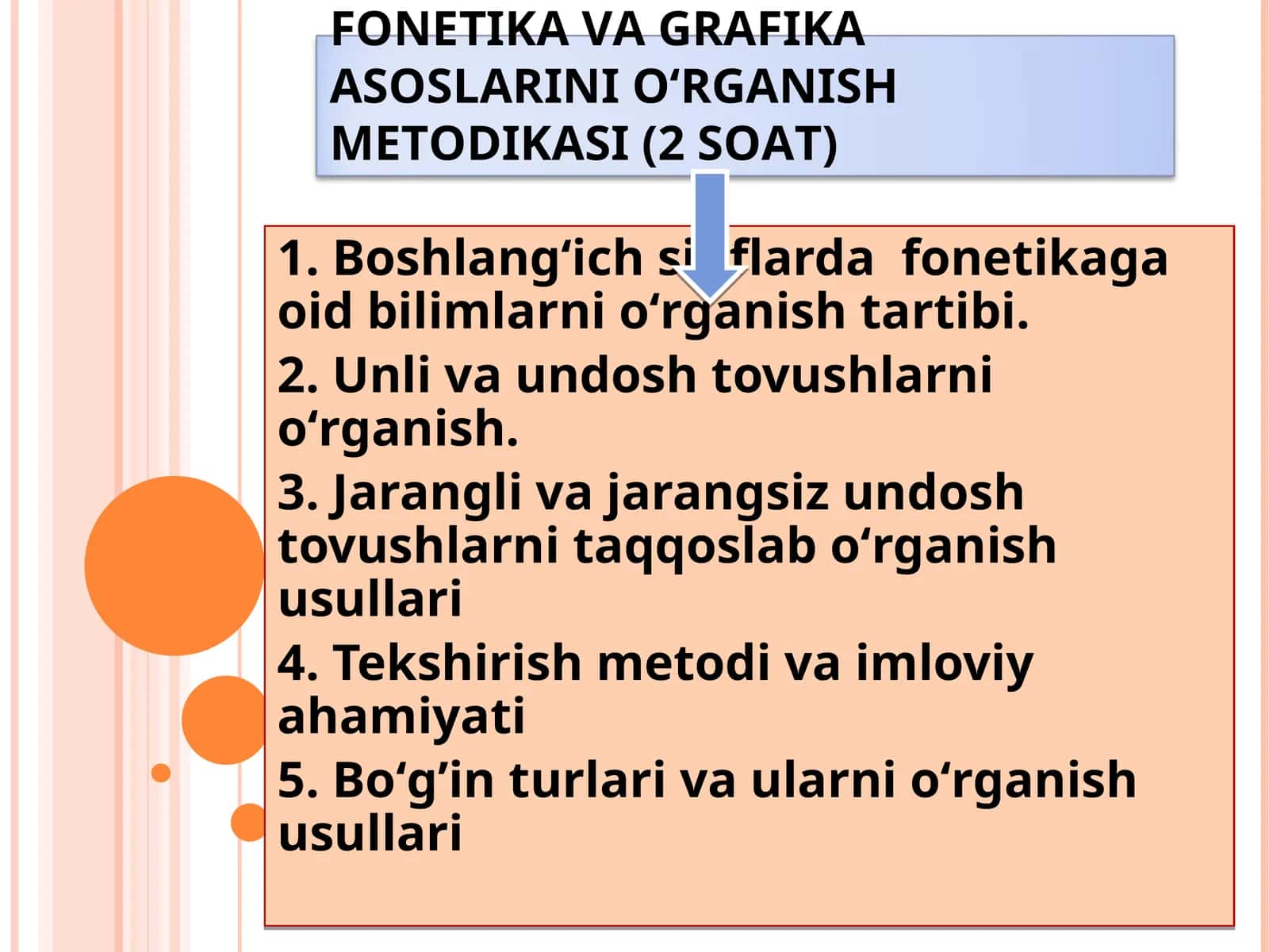 FONETIKA VA GRAFIKA ASOSLARINI OʻRGANISH METODIKASI (2 SOAT) 1