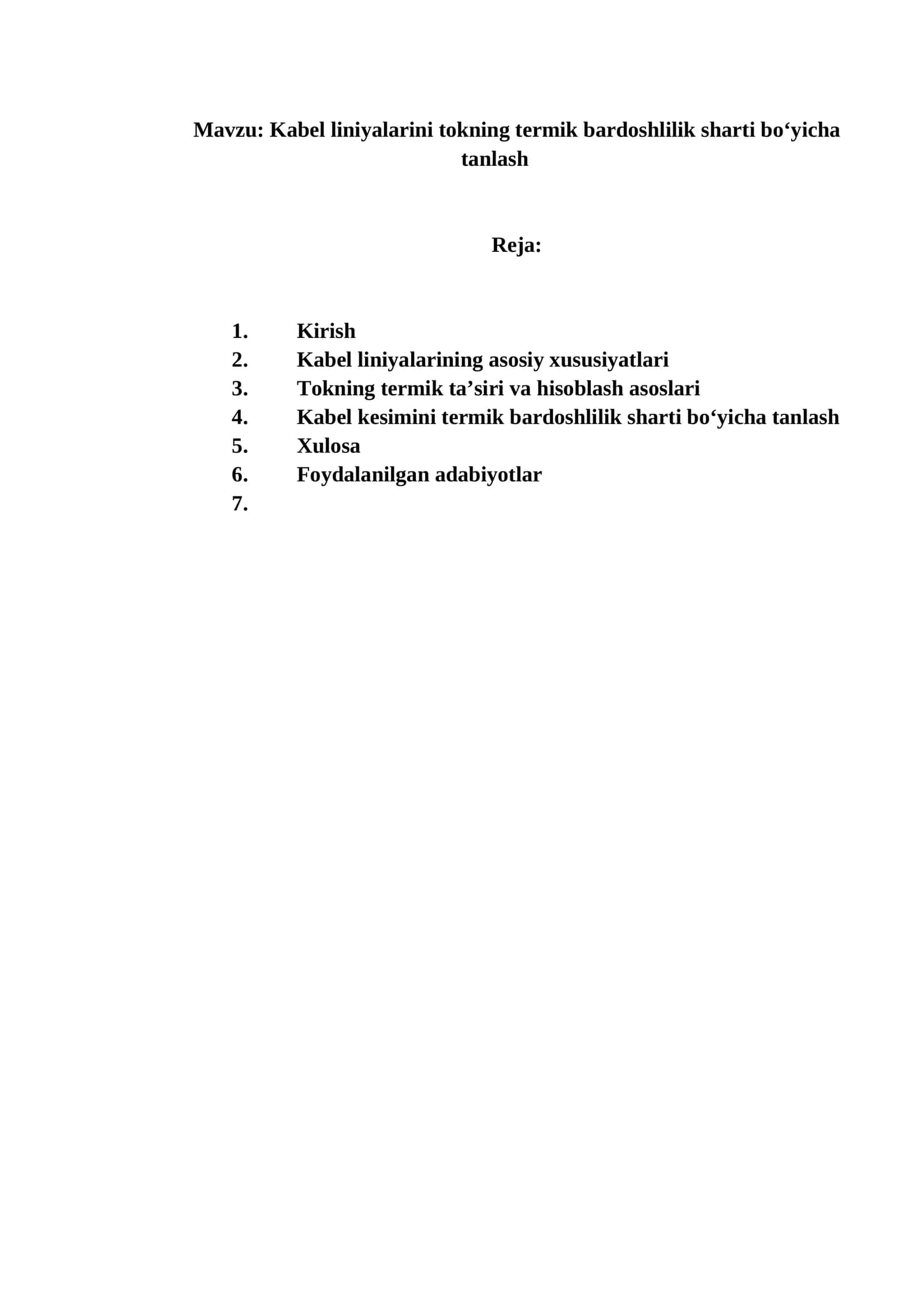 Kabel liniyalarini tokning termik bardoshlilik sharti bo‘yicha tanlash 1