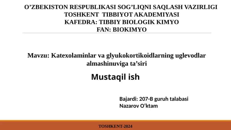 Katexolaminlar va glyukokortikoidlarning uglevodlar almashinuvi gata'siri 1