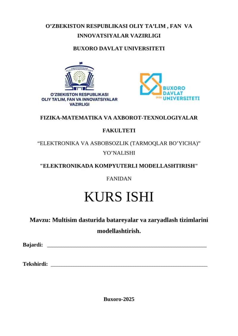 Multisim dasturida batareyalar va zaryadlash tizimlarini modellashtirish 1
